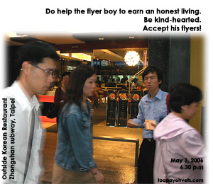 Zhongshan subway area. Outside a Korean restaurant. A lean and hungry looking flyer boy. Toa Payoh Vets